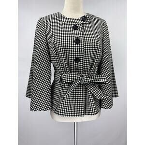 Loft Wool Cape Jacket Black White Checkered Pattern 8 Belted Cropped Wide Sleeve
